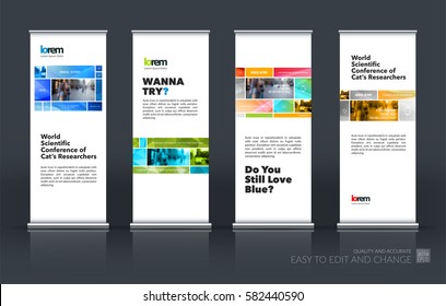 Abstract business vector set of modern roll Up Banner stand design template with many colourful rectangles, soft shapes for exhibition, show, exposition, expo, presentation, parade, events.