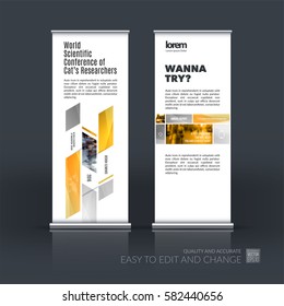 Abstract business vector set of modern roll Up Banner stand design template with many yellow rectangles, soft shapes for exhibition, show, exposition, expo, presentation, parade, events.