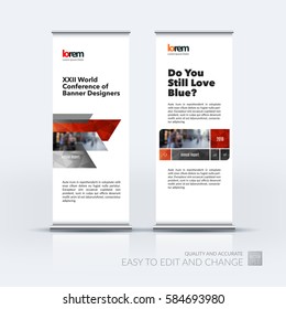 Abstract business vector set of modern roll Up Banner stand design template with many red rectangles, stripes for exhibition, show, exposition, expo, presentation, parade, events.
