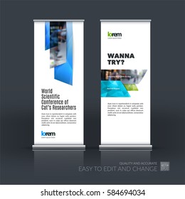 Abstract business vector set of modern roll Up Banner stand design template with many blue rectangles, stripes for exhibition, show, exposition, expo, presentation, parade, events.