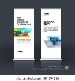 Abstract business vector set of modern roll Up Banner stand design template with many colourful rectangles, stripes for exhibition, show, exposition, expo, presentation, parade, events.