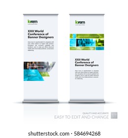 Abstract business vector set of modern roll Up Banner stand design template with many colourful rectangles, stripes for exhibition, show, exposition, expo, presentation, parade, events.
