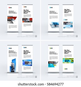 Abstract business vector set of modern roll Up Banner stand design template with many colourful rectangles, stripes for exhibition, show, exposition, expo, presentation, parade, events.