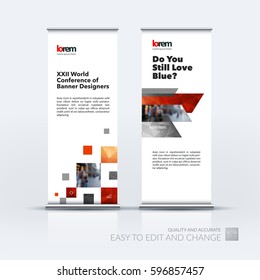 Abstract business vector set of modern roll Up Banner stand design template with many red rectangles, squares for exhibition, show, exposition, expo, presentation, parade, events.
