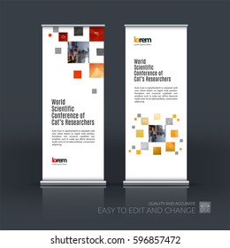 Abstract business vector set of modern roll Up Banner stand design template with many red rectangles, squares for exhibition, show, exposition, expo, presentation, parade, events.