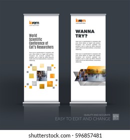Abstract business vector set of modern roll Up Banner stand design template with many yellow rectangles, squares for exhibition, show, exposition, expo, presentation, parade, events.
