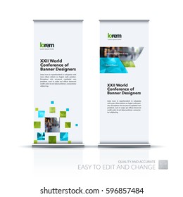 Abstract business vector set of modern roll Up Banner stand design template with many green rectangles, squares for exhibition, show, exposition, expo, presentation, parade, events.
