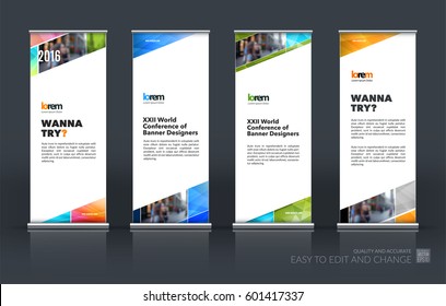 Abstract business vector set of modern roll Up Banner stand design template with yellow diagonal geometric shapes for exhibition, show, exposition, expo, presentation, parade, events.