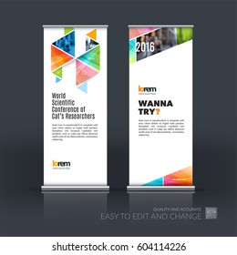 Abstract business vector set of modern roll Up Banner stand design template with colourful hexagonal, triangular shapes for exhibition, show, exposition, expo, presentation, parade, events.