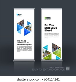 Abstract business vector set of modern roll Up Banner stand design template with colourful hexagonal, triangular shapes for exhibition, show, exposition, expo, presentation, parade, events.