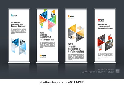 Abstract business vector set of modern roll Up Banner stand design template with colourful hexagonal, triangular shapes for exhibition, show, exposition, expo, presentation, parade, events.