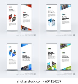 Abstract business vector set of modern roll Up Banner stand design template with colourful hexagonal, triangular shapes for exhibition, show, exposition, expo, presentation, parade, events.