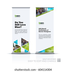 Abstract business vector set of modern roll Up Banner stand design template with green hexagonal, triangular shapes for exhibition, show, exposition, expo, presentation, parade, events.
