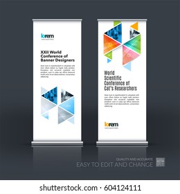 Abstract business vector set of modern roll Up Banner stand design template with colourful hexagonal, triangular shapes for exhibition, show, exposition, expo, presentation, parade, events.