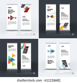 Abstract business vector set of modern roll Up Banner stand design template with colourful triangular shapes for exhibition, show, exposition, expo, presentation, parade, events.