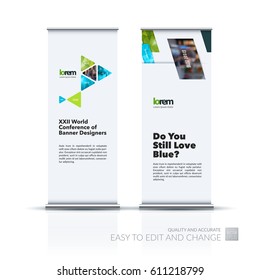 Abstract business vector set of modern roll Up Banner stand design template with green triangular shapes for exhibition, show, exposition, expo, presentation, parade, events.