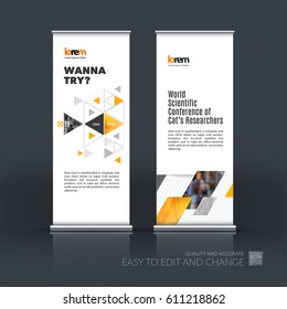 Abstract business vector set of modern roll Up Banner stand design template with yellow triangular shapes for exhibition, show, exposition, expo, presentation, parade, events.