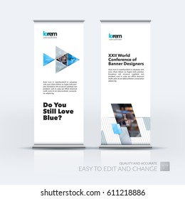 Abstract business vector set of modern roll Up Banner stand design template with grey triangular shapes for exhibition, show, exposition, expo, presentation, parade, events.