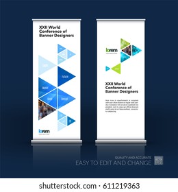 Abstract business vector set of modern roll Up Banner stand design template with blue triangular shapes for exhibition, show, exposition, expo, presentation, parade, events.