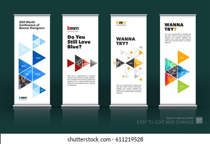 Abstract business vector set of modern roll Up Banner stand design template with colourful triangular shapes for exhibition, show, exposition, expo, presentation, parade, events.
