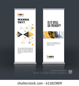 Abstract business vector set of modern roll Up Banner stand design template with yellow geometric shapes for exhibition, show, exposition, expo, presentation, parade, events.