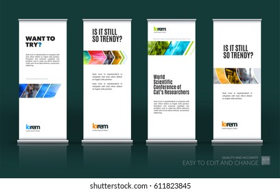 Abstract business vector set of modern roll Up Banner stand design template with colourful geometric shapes for exhibition, show, exposition, expo, presentation, parade, events.