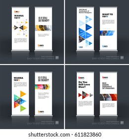 Abstract business vector set of modern roll Up Banner stand design template with colourful geometric shapes for exhibition, show, exposition, expo, presentation, parade, events.