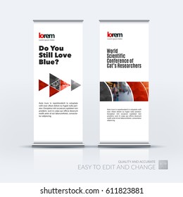 Abstract business vector set of modern roll Up Banner stand design template with red geometric shapes for exhibition, show, exposition, expo, presentation, parade, events.