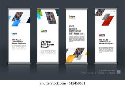 Abstract business vector set of modern roll Up Banner stand design template with colourful diagonal, rectangular shapes for exhibition, show, exposition, expo, presentation, parade, events.

