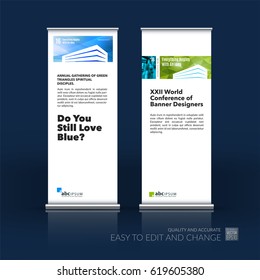 Abstract business vector set of modern roll Up Banner stand design template with colourful building shapes for construction, house home theme for exhibition, show, expo, presentation, parade, events
