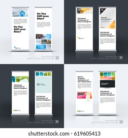 Abstract business vector set of modern roll Up Banner stand design template with colourful building shapes for construction, house home theme for exhibition, show, expo, presentation, parade, events
