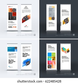Abstract business vector set of modern roll Up Banner stand design template with colourful abstract rectangular shapes for teamwork for exhibition, show, expo, presentation, parade, events