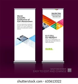Abstract business vector set of modern roll Up Banner stand design template with colourful triangles, lines, circles, shapes for tech, market, exhibition, show, expo, presentation, parade, events.