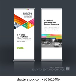 Abstract business vector set of modern roll Up Banner stand design template with colourful triangles, lines, circles, shapes for tech, market, exhibition, show, expo, presentation, parade, events.