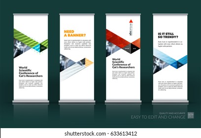 Abstract business vector set of modern roll Up Banner stand design template with colourful triangles, lines, circles, shapes for tech, market, exhibition, show, expo, presentation, parade, events.