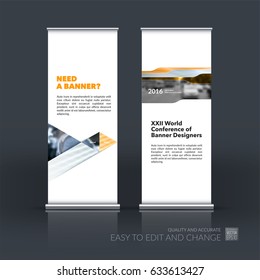 Abstract business vector set of modern roll Up Banner stand design template with yellow triangles, lines, circles, shapes for tech, market, exhibition, show, expo, presentation, parade, events.