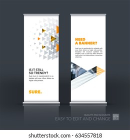 Abstract business vector set of modern roll Up Banner stand design template with yellow triangles, geometric shapes for tech, market, exhibition, show, expo, presentation, parade, events.