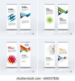 Abstract business vector set of modern roll Up Banner stand design template with colourful triangles, geometric shapes for tech, market, exhibition, show, expo, presentation, parade, events.