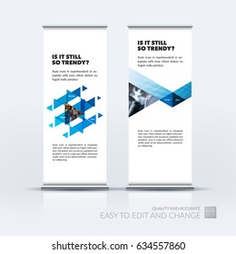 Abstract business vector set of modern roll Up Banner stand design template with blue triangles, geometric shapes for tech, market, exhibition, show, expo, presentation, parade, events.