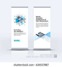 Abstract business vector set of modern roll Up Banner stand design template with grey triangles, geometric shapes for tech, market, exhibition, show, expo, presentation, parade, events.