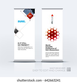Abstract business vector set of modern roll Up Banner stand design template with red rectangular shapes, grid for tech, market, exhibition, show, expo, presentation, parade, events.