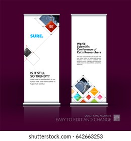 Abstract business vector set of modern roll Up Banner stand design template with colourful rectangular shapes, grid for tech, market, exhibition, show, expo, presentation, parade, events.