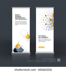 Abstract business vector set of modern roll Up Banner stand design template with yellow rectangular shapes, grid for tech, market, exhibition, show, expo, presentation, parade, events.