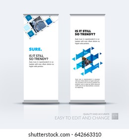 Abstract business vector set of modern roll Up Banner stand design template with blue rectangular shapes, grid for tech, market, exhibition, show, expo, presentation, parade, events.