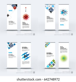 Abstract business vector set of modern roll Up Banner stand design template with colourful rectangular shapes, grid for tech, market, exhibition, show, expo, presentation, parade, events.