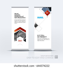 Abstract business vector set of modern roll Up Banner stand design template with colourful rectangles, arrows, shadows for tech, market, exhibition, show, expo, presentation, parade, events.