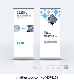 Abstract business vector set of modern roll Up Banner stand design template with colourful rectangles, arrows, shadows for tech, market, exhibition, show, expo, presentation, parade, events.