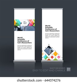 Abstract business vector set of modern roll Up Banner stand design template with colourful rectangles, arrows, shadows for tech, market, exhibition, show, expo, presentation, parade, events.
