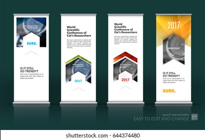 Abstract business vector set of modern roll Up Banner stand design template with colourful rectangles, arrows, shadows for tech, market, exhibition, show, expo, presentation, parade, events.