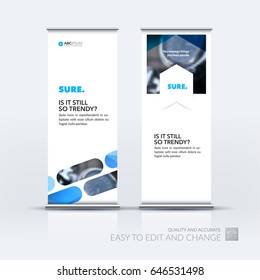 Abstract business vector set of modern roll Up Banner stand design template with blue rounded rectangles for tech, market, exhibition, show, expo, presentation, parade, events.